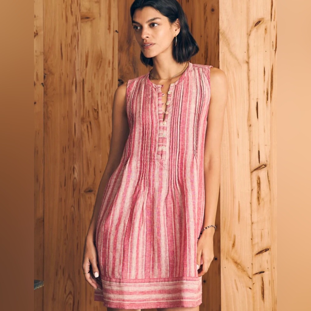 Faherty Isha Linen Dress Pink Stripe Large